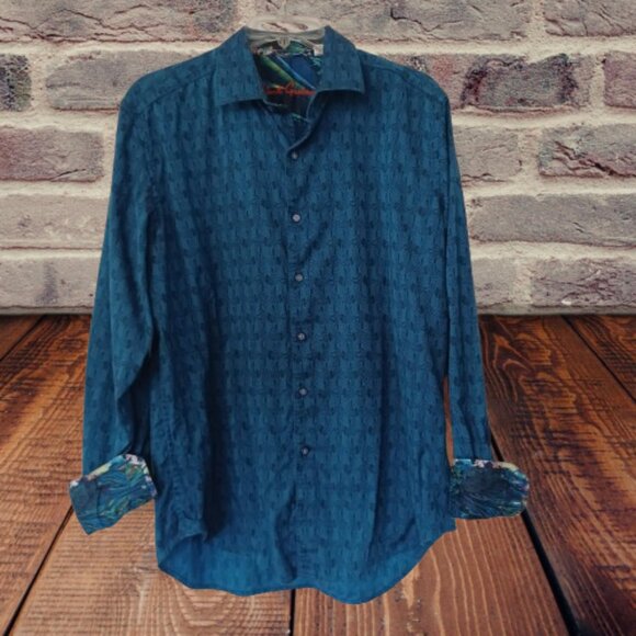 Robert Graham Shirt Men M Atlas Teal Long Sleeve Flipp Cuff Abstract - Picture 1 of 7
